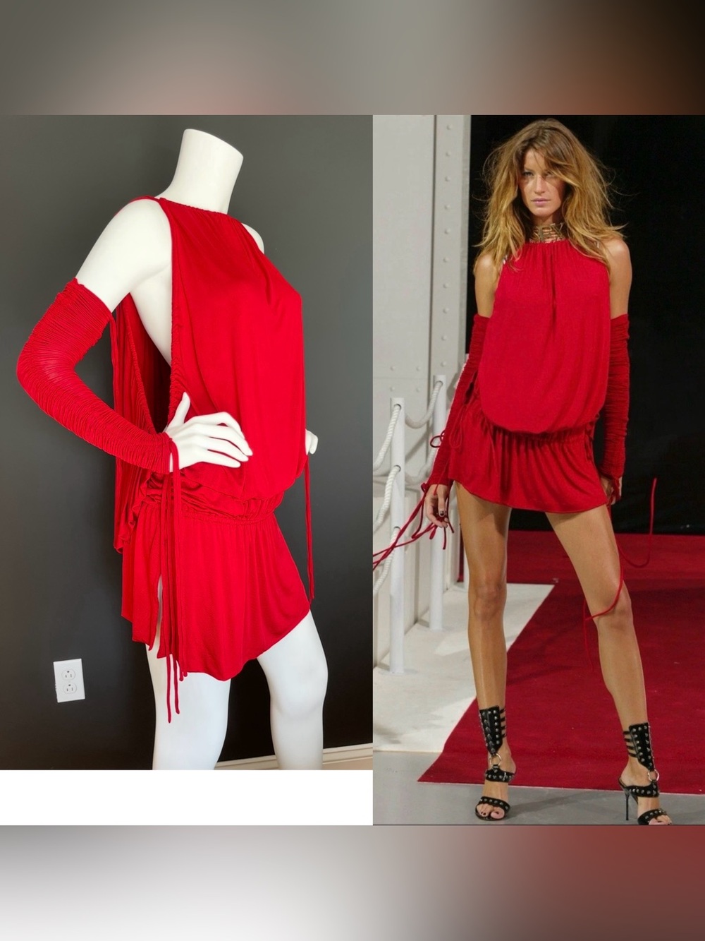 DOLCE&GABBANA Vintage S/S 2003 Red Ruched Drawstring Detach Arms Gisele Dress 36